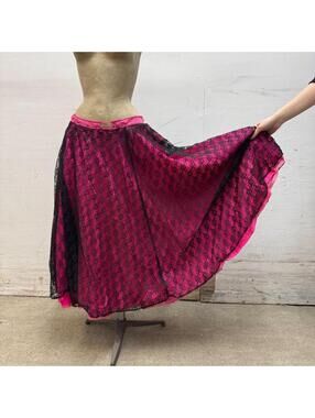 Vintage Broadway Costume 70s Neon Pink & Black Floral Lace Skirt